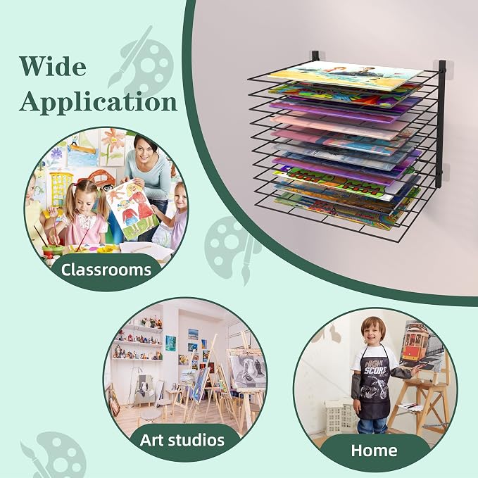 Art Drying Rack for Classroom - No Drill Wall & Fit All Walls Paint Storage System, 10 Removable Shelves 1.57" Apart for Art Studios, Schools