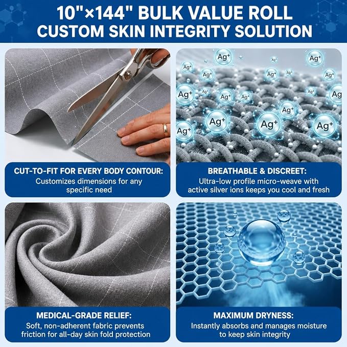 Silver Infused Fabric Roll 10x144 Inch, Soft, Breathable & Non-Adherent Wound Dressing Wrap, Ideal for Wound Care, Dressings, and Skin Fold Protection, Custom-Cut