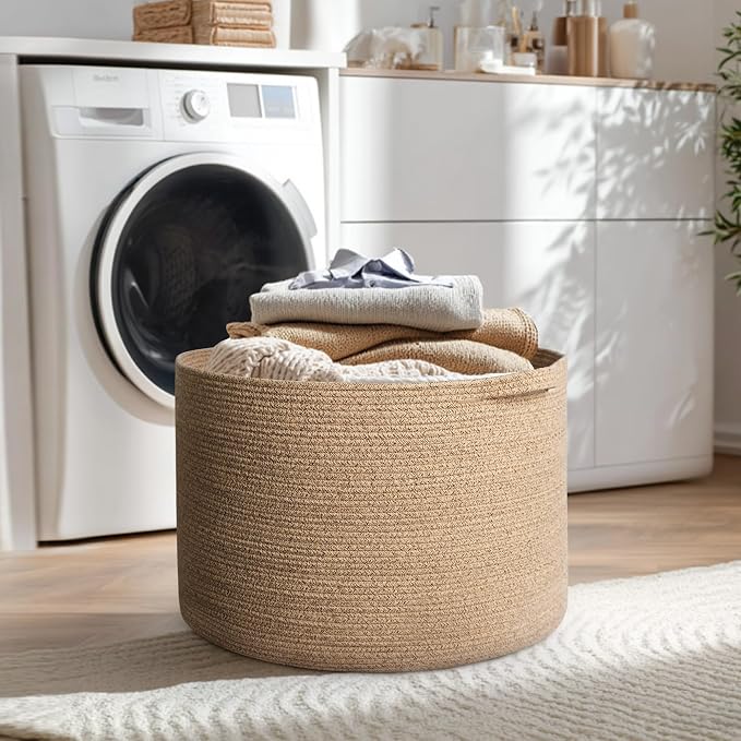 MEGASKET 115L Extra Large Storage Basket, 23.6"x15.7" Woven Cotton Rope Basket, Giant Kids Dog Toy Bin, XXXL Boho Blanket Pillow Holder for Living Room, Brown Variegated Woven Baskets for Organizing