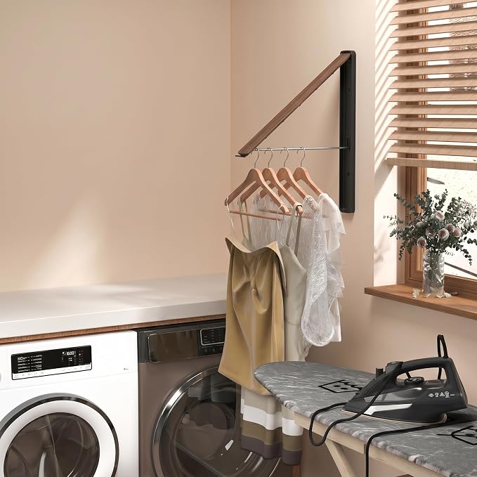 Dr.DJ Clothes Drying Rack with Rod, Wall-Mounted Retractable & Foldable Clothes Hanger for Laundry Room Organization and Storage, Metal Clothes Hanger Rack for Dorm, Closet, Balcony 2Rack, 1Rod Wood
