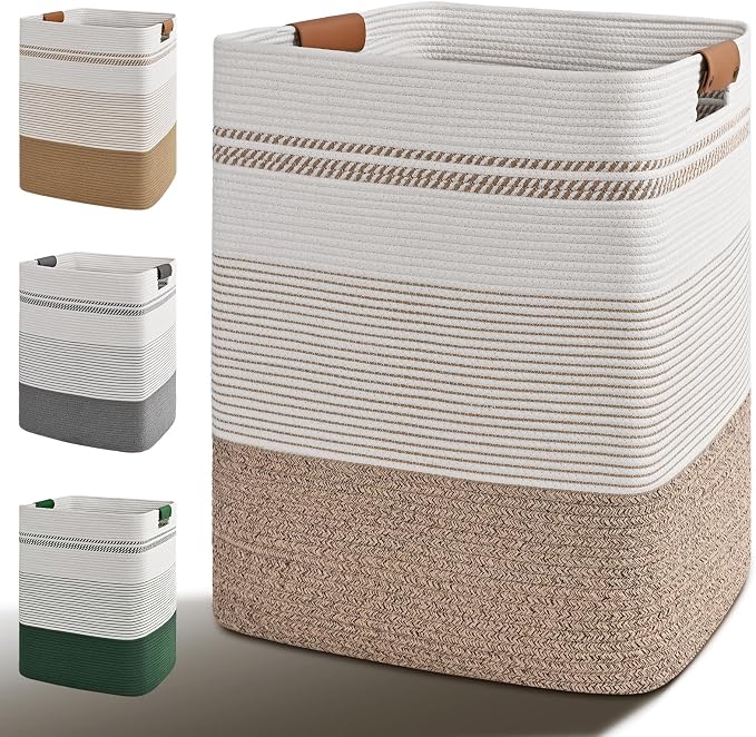 Laundry Hamper, 85L Tall Laundry Basket with Leather Handles, Rectangle Large Clothes Hamper for Organizing, Cotton Woven Laundry Baskets Storage Hampers for Bedroom, Nursery, Living Room