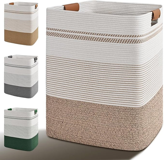 Laundry Hamper, 85L Tall Laundry Basket with Leather Handles, Rectangle Large Clothes Hamper for Organizing, Cotton Woven Laundry Baskets Storage Hampers for Bedroom, Nursery, Living Room
