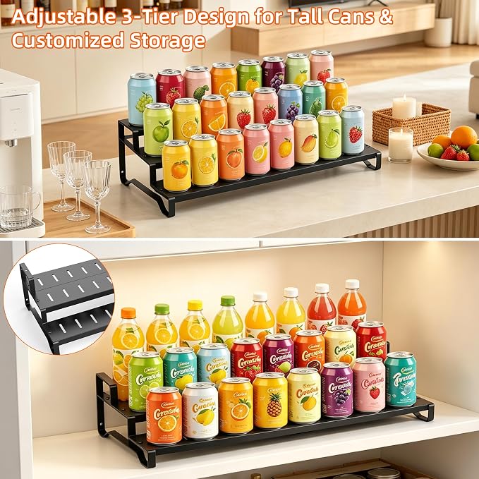 Expandable Can Organizer for Pantry, 3-Tier Adjustable Metal Can Rack | Tiered Countertop Shelf, Adjustable height Pantry Organizer for Kitchen Cabinet, Countertop & Canned Goods Storage