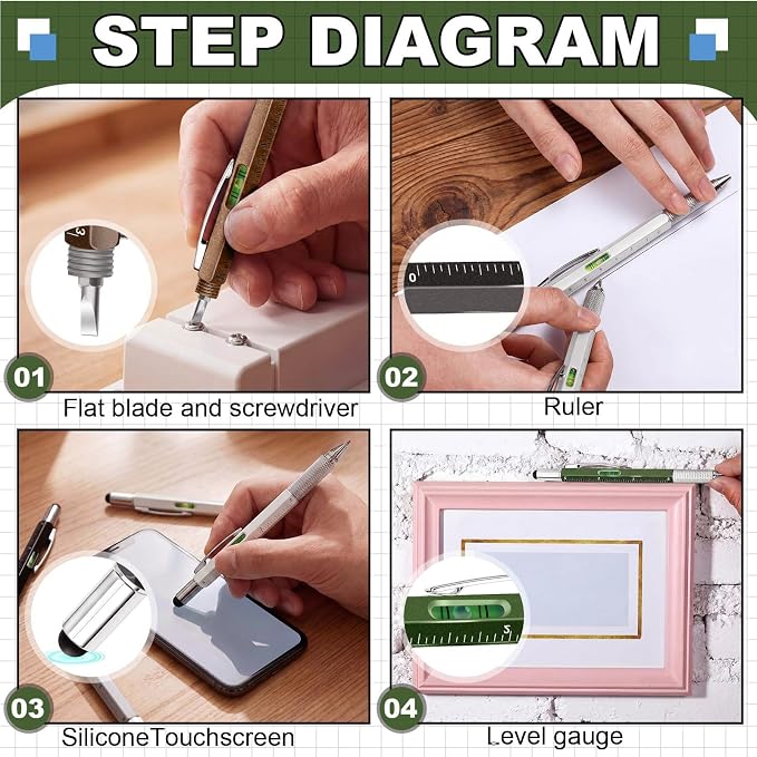 Zhanmai 16 Pcs 6 in 1 Multitool Pen Bulk Gift for Men Multi Tool Ballpoint Pen with Ruler Level Screwdriver Stylus Cool 40 Ink Refill Tool Gadget Birthday Christmas Stocking Stuffers (Multicolor A)