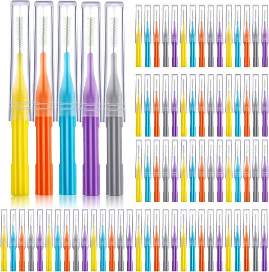 Patelai 100 Count Interdental Brush Set, Soft Braces Cleaner Picks with Cap, Multi Size Teeth Gap Cleaning Tool for Orthodontic Care Bridge Implant Travel Kit(Orange,Yellow, Light Blue, Purple, Grey)