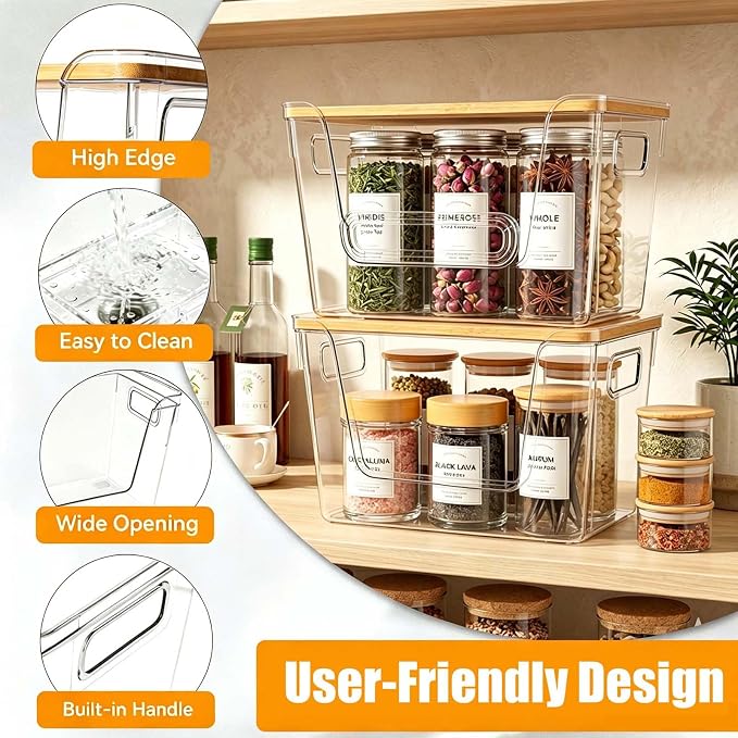 4 Pack Pantry Organizers and Storage with Bamboo Lids | Stackable Clear Plastic with Lid/Handle Trash Bag Holder for Vegetable,Fruit,Under Kitchen Sink Countertop Organizer
