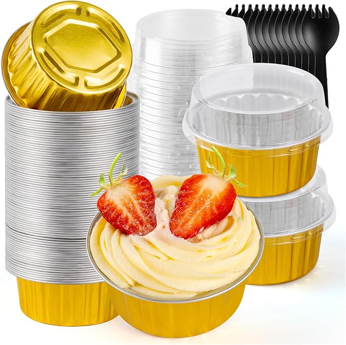 60Pcs Mini Loaf Pans with Lids and Spoons, Aluminum Foil Baking Pans, Round Mini Cake Pan, Brownie Baking Cups for Picnics Party (Pink)