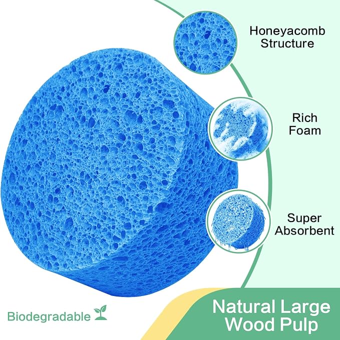 3-Pack Large Sponge, Kitchen Sponges, Handy Sponges, Cellulose Sponges, Dish Washing Sponge, Natural Sponge, Car Washing Sponge, Eco Friendly Sponge (Round, 4" X 4" X 2"), Blue