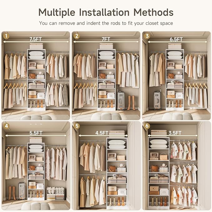 W1 Closet System, 3.5FT-7.7FT Closet Organizer System with 4 Chrome-Plated Telescopic Rods & 6 Adjustable Shelves, Custom Wood Walk-In Closet Wall-Mounted Clothing Rack, White