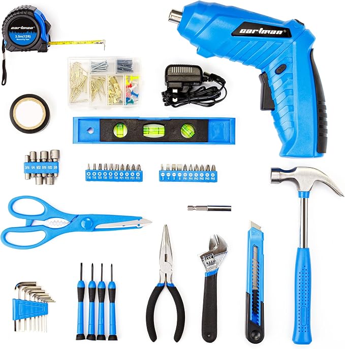 CARTMAN 149-Piece Tool Set, Blue Cordless Screwdriver, Home Repair Tool Kit | Complete tool assortment with cordless screwdriver for home repairs, office fixes, furniture setup crafting, and daily tasks.
