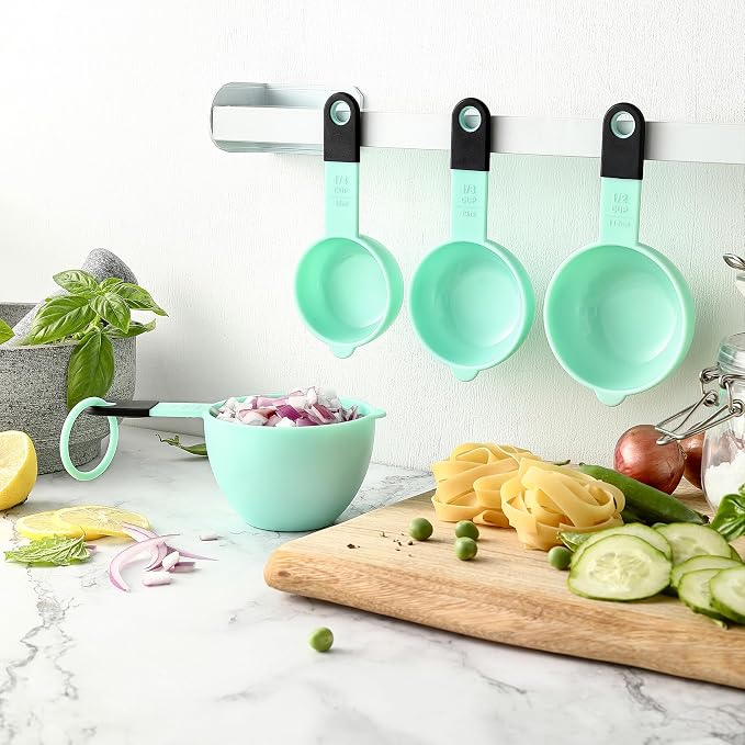 Spring Chef Mint Magnetic Measuring Cups and Spoons Set of 9, Stackable Plastic Kitchen Tool with Easy to Read Markings - Measure Dry or Liquid Ingredient for Baking & Cooking, BPA Free