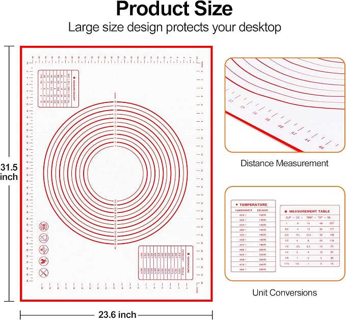 HOOMIL Silicone Baking Mat, 32"x24" Non-Stick, Non-Slip Extra Large Pastry Mat with Measurements for Rolling Dough, Bread Pie Crust Pizza Cookies Fondant Making