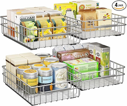 Pull out Cabinet Organizer, Stainless Steel 4-Pack (9.8"W x 16.5"D) Full-Extension Slide out Drawer, Adhesive Roll out Can Spice Storage Basket Shelf Rack for Pantry, Kitchen, Bathroom, Home Closet