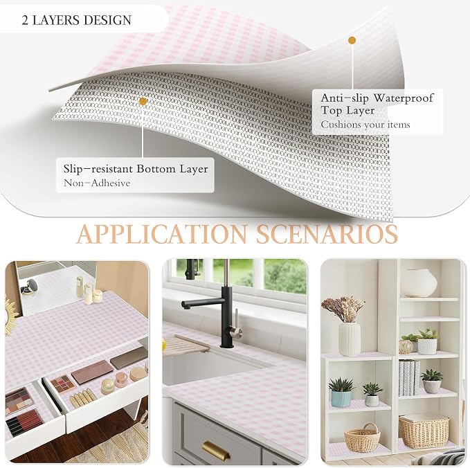 Beautysaid Shelf and Drawer Liner for Kitchen Cabinet Non Adhesive Non Slip | Shelf Paper Waterproof Washable Thickened for Dresser Pantry Shelve Bathroom Protector Liner(Pink Checker,23.6 in x 10 FT)