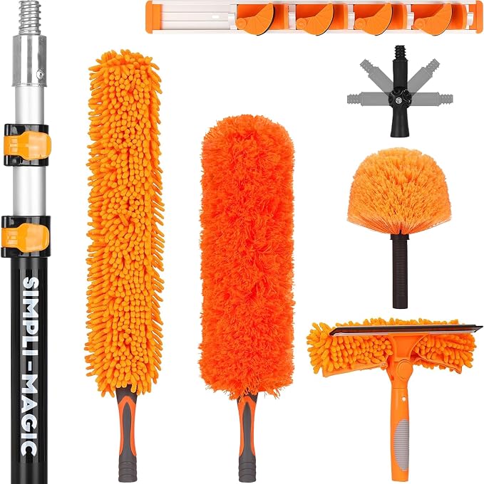 Simpli-Magic 20 Foot High Ceiling Duster Kit with 5-12ft Heavy Duty Extension Pole,High Reach Duster for Cleaning,Microfiber Feather Duster,Cobweb & Ceiling Fan Duster,Window Squeegee & Cleaner,Orange