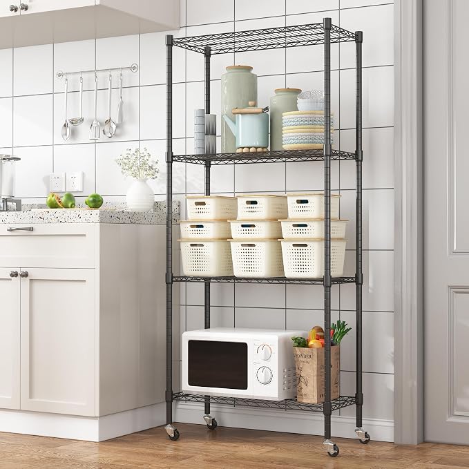 Homdox Heavy Duty 4-Tier Metal Shelving Unit with Adjustable Shelves, Rolling Storage Rack for Kitchen, Garage, Pantry, 29.92"x13.98"x74.41", Black