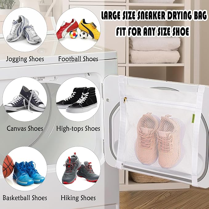Sneaker Wash & Dry Net Bag for Dryer, 15.7x13.8 Inch Large HoneyComber Mesh Bags with Zipper and Strap for Shoes, Clothing, Laundry Reused Bag Tool (2 Pcs White)