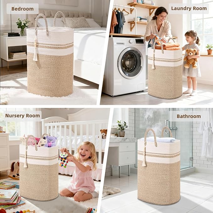 Woven Laundry Basket for Clothes, 100 L Large Rectangle Laundry Hampers, Nursery Storage Basket for Toys, Tall Dirty Clothes Hamper for Bedroom Aesthetic, Bathroom, Laundry Room