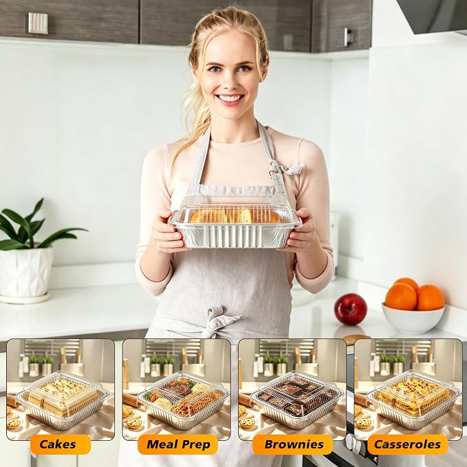 8x8 Aluminum Foil Pans with Clear Lids - 20 Pack Square Disposable Baking Cake Pans Tin Foil To Go Food Containers for Cooking, Heating, Storing, Meal Prepping