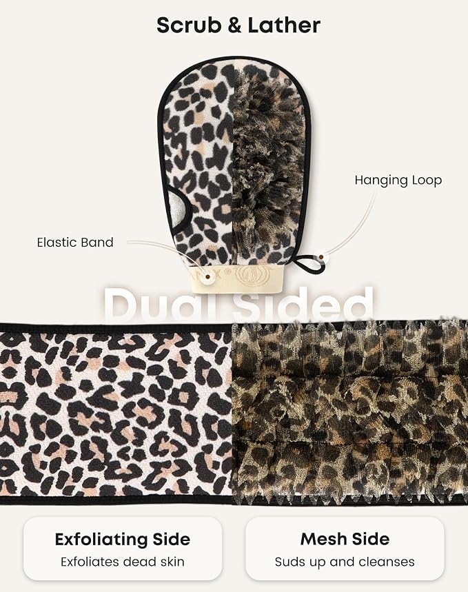 eaxun Exfoliating Back Scrubber with Two Handles & Glove for Shower, Dual-Sided Mitt and Wider Bath Exfoliator with Mesh Loofah for Men, Women, Elderly, Deep Cleansing Body Washer Set - Leopard