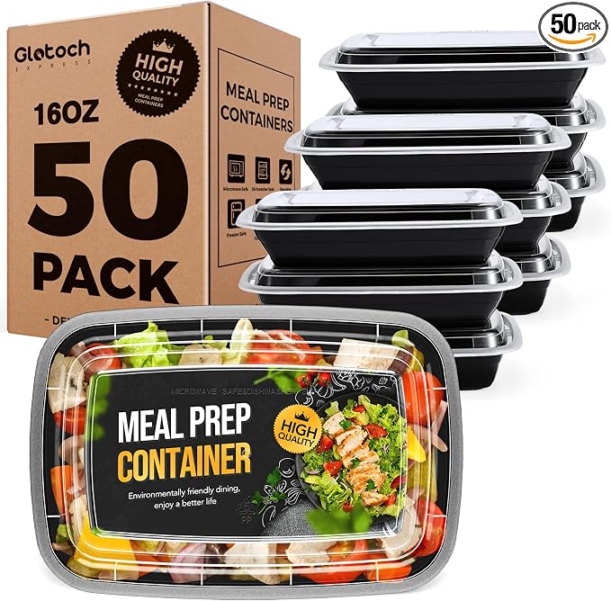 Glotoch Express Meal Prep Containers with Lids 16oz 50 Pack Leakproof | Reusable Food Storage Containers Airtight Microwave Freezer Safe Stackable Bento Lunch Boxes Ideal for Meal Prep Takeout