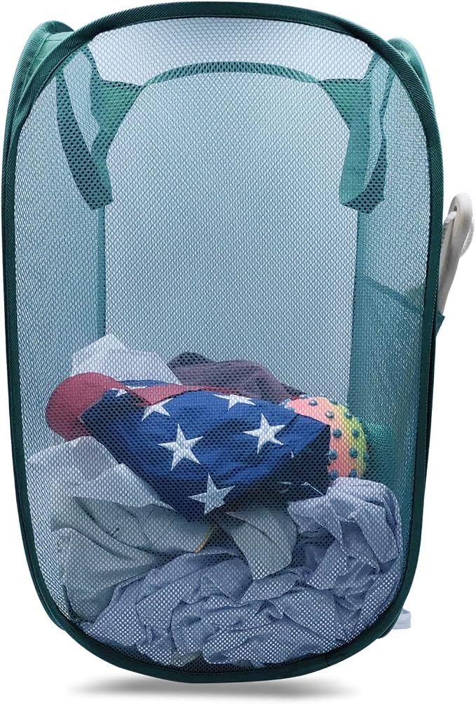 Sturdy Mesh Laundry Hamper Basket Bag,collapsible Pop up for Laundry Room | Folding Foldable Baskets with Side Pocket Travel Clothes Organizer for Bathroom,Kids Room,College Dorm (Vertical,Emerald)