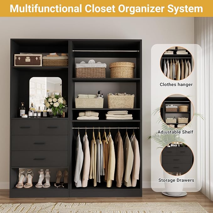 Unikito 61" Closet System, Heavy Duty Wood Closet Organizer with 2 Hanging Rods, Walk-in Wardrobe Garment Rack with Adjustable Shelves, Free-standing Clothing Rack, Black