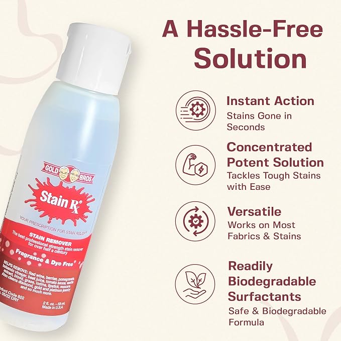 Stain Remover, 2 fl. oz. (6 Pack) with a Flip-Top Cap Made in USA | Effectively Eliminates Stains from Wine, Berries & Blood on Fabrics, Carpets, Upholstery & Jewelry, Dye-Free, Bleach-Free