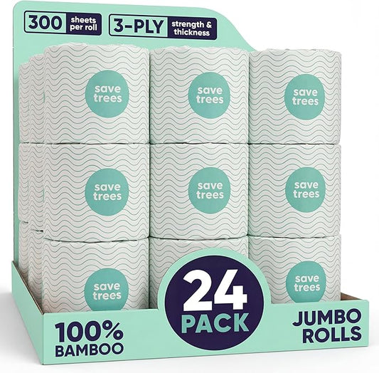 Save Trees Bamboo Toilet Paper -24 Rolls Of Septic Safe Organic Toilet Paper 3-ply, 300 Sheets Per Roll - PFAs Free, FSC Certified, Plastic & Chemical Free - For Home, Boat & RV Use