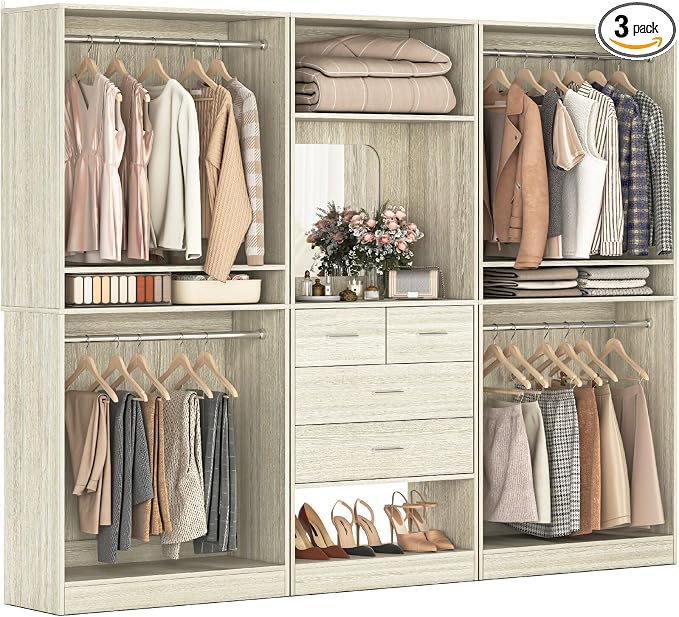Unikito 98” Closet System with Mirror & 4 Drawers, 8.2FT Heavy Duty Wood Closet Organizer with 4 Hanging Rods, Large Walk-in Wardrobe Garment Rack with Adjustable Shelves, White Oak