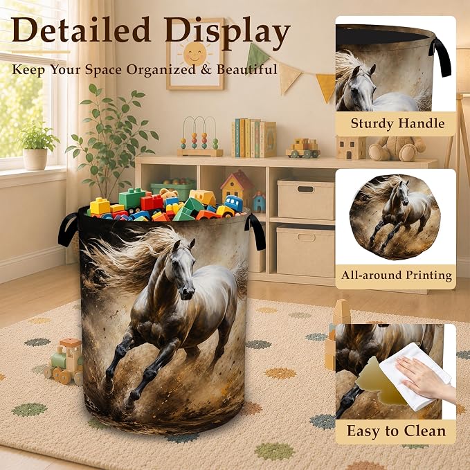 Running White Horse Decorative Laundry Hamper, Tall Foldable Oxford Clothes Basket with Handles, Lightweight Dirty Clothes Holder for Bedroom Bathroom Laundry Room