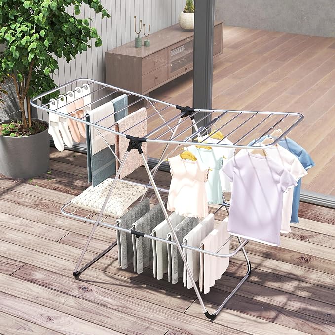 Tangkula Clothes Drying Rack Foldable, 2-Level Heavy-Duty Aluminum Laundry Drying Rack Collapsible with Height-Adjustable Wings, Space-Saving Freestanding Airer Clothing Dryer Stand for Indoor Outdoor