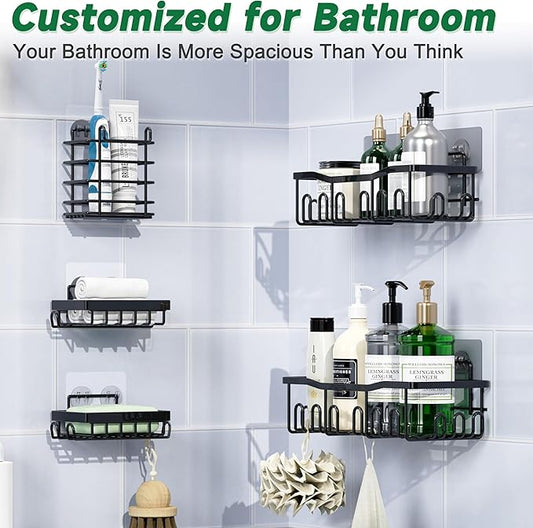 Shower Caddy 5 Pack Rustproof Stainless Steel Bath Organizers With Large Capacity, No Drilling Shelves, Adhesive Shower Caddy, for Bathroom Storage & Home Decor, SC02, Black