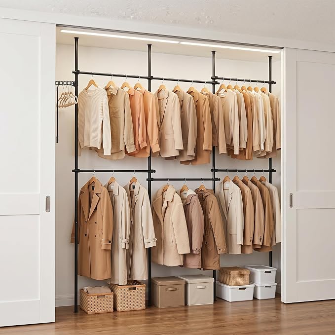 Giantex Floor to Ceiling Clothes Rack, Heavy Duty Garment Rack Adjustable | Tension Pole Closet System w/ Folding Drying Rack, Reacher Pole, Metal Garment Organizer for Bedroom, Laundry Room, Closet
