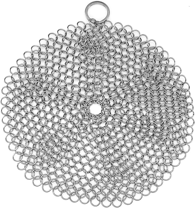 TOPULORS 316L Stainless Steel Cast Iron Scrubber Chaimmail Link 7 in Round | Suitable For Skillets, Griddles, Grills, Pans, And Other Cookware, Remove Stuck-On Food Without Stripping Seasoning