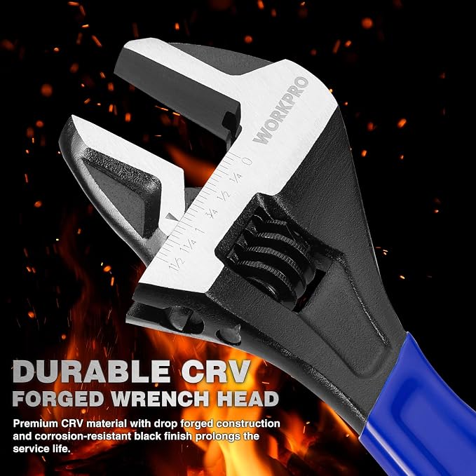 WORKPRO 12-Inch Adjustable Wrench, Wide Jaw Cr-V steel Wrench | Black Oxide Finish, Metric & SAE Scales,Ideal for Home Repairs, Garage, Workshop and DIY Applications
