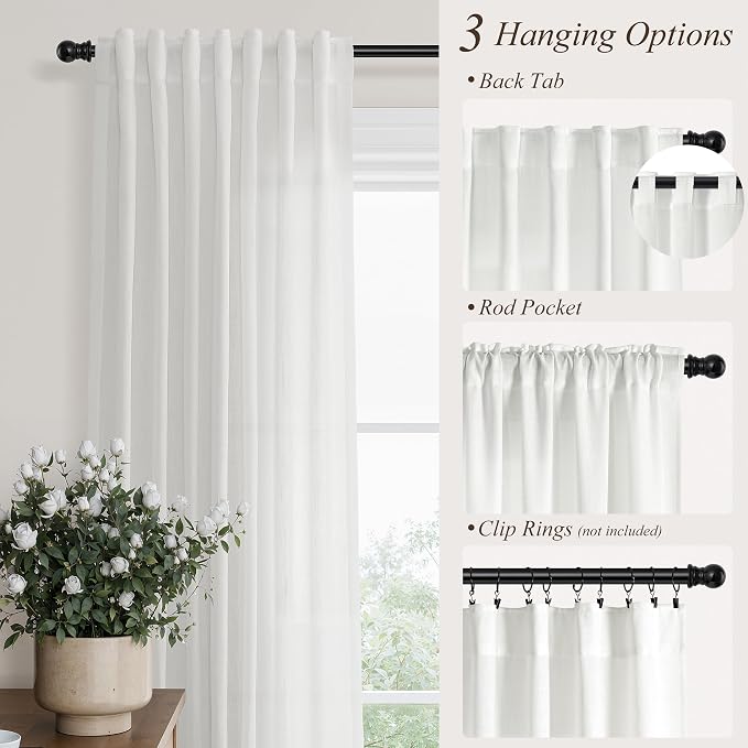 Hokibero Off White Linen Curtains 96 Inches Long for Living Room 2 Panels | Light Filtering Sheer Curtain, Back Tab Rod Pocket Pleated Look, Textured Privacy Drapes for Bedroom Window, Boho Farmhouse