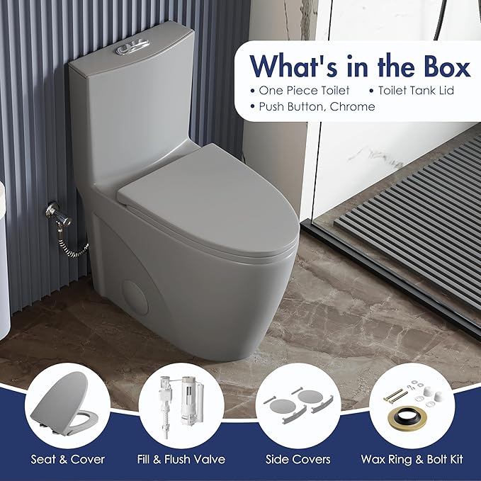 Eridanus Elongated One Piece Toilet with Powerful Siphon Dual Flush 1.1/1.6 GPF, 12" Rough-In Modern Bathroom Toilets with Comfort Soft Closing Seat Height 17", ADA Compliant Bowl, Light Gray