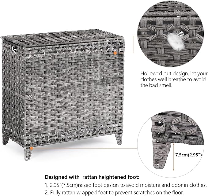 Laundry Hamper with 3 Removable Liner Bags, 132L Laundry Sorter with Lid | Raised Feet; Side Carry Handles; Handwoven PP Rattan; Rust-Resistant Iron Frame; Decorative Woven Design