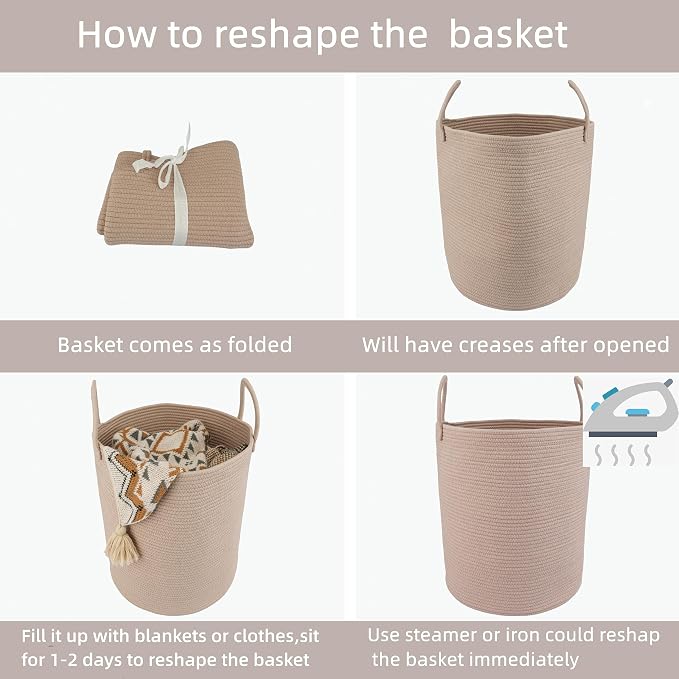 XUANGUO Cotton Rope Laundry Basket Hamper for Clothes, Konjac | Woven Storage Basket for Living Room Bedroom Boho Tall Rope Baskets for Blanket Toys Pillow Towels Baby Nursery Hamper Bin