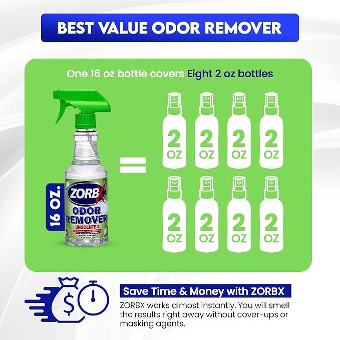 ZORBX Unscented Odor Eliminator for Strong Odor 16 Fl Oz - Used in Hospitals & Healthcare Facilities - Advanced Trusted Formula, Fast-Acting Odor Remover Spray for Dog, Cat, House & Carpet | Permanent Odor Remover for Pet & Human Urine, Smoke & Strong ...