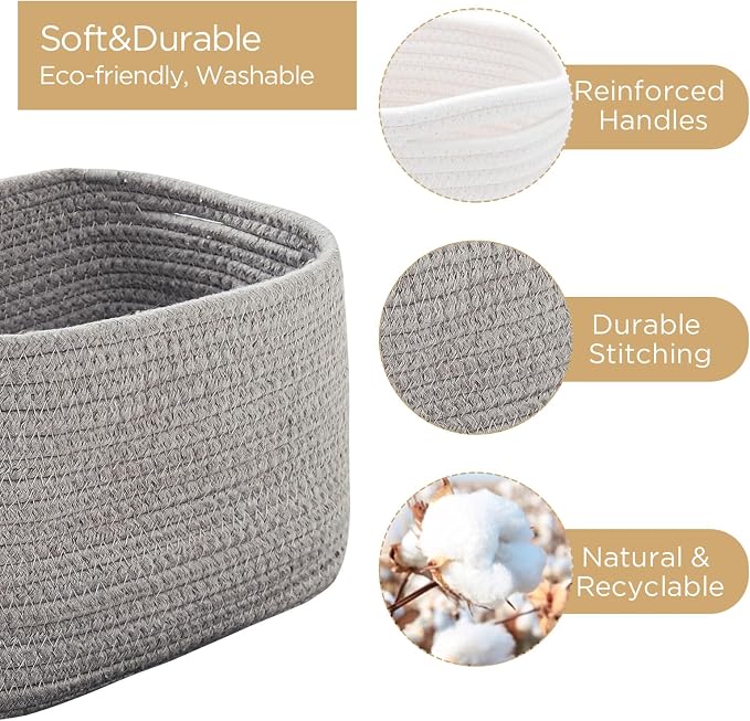 R RUNKA Small Cotton Rope Basket – Storage Bin for Organizing (10.6" x 6.7" x 6.7"), Bathroom Storage Basket for Shelf, Counter & Closet（Grey）