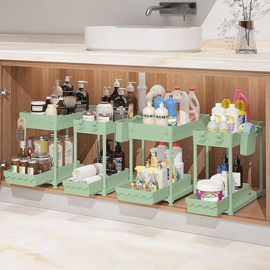 Sevenblue Under Sink Organizer, Bathroom Organizers and Storage, 2 Tier Multi-Use Pull Out Cabinet Organizer with Hang Hooks and Cups (Green, 14.8 Inch)