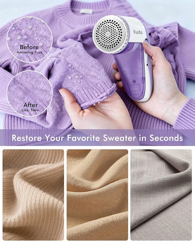 Ruidla Fabric Shaver Lint Shaver Defuzzer, Rechargeable Lint Remover | Electric Sweater Shaver with Replaceable Stainless Steel 3-Leaf Blades,Dual Protection,Removable Bin Easy Remove Fuzz(Purple)