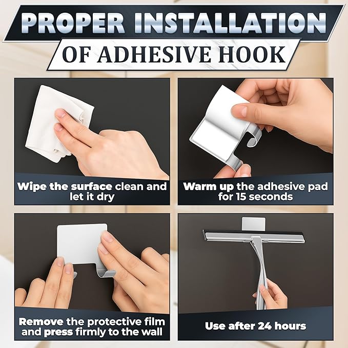 12" Silver Shower Door Squeegee - Stainless Steel Shower Squeegee for Streak-Free Bathroom Glass with Silicone Blade, Adhesive & Hanging Hooks for Mirror, Tile, Window, Car, Multi-Surface Everyday Use