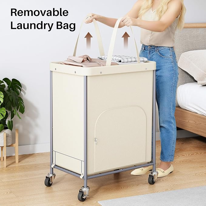 170L Large Laundry Basket with Wheels, Rolling Laundry Hamper Easy Access Clothing Minimizes Bending, Laundry Cart with 4 Silent Casters & Removable Bag for Bedroom, Bathroom, Laundry Room, Beige