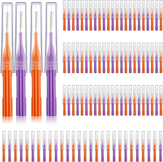Patelai 100 Count Interdental Brush Set, Soft Braces Cleaner Picks with Cap, Multi Size Teeth Gap Cleaning Tool for Orthodontic Care Bridge Implant Travel Kit(Orange, Purple)
