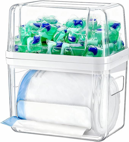 iCASA 3 in 1 Trash Bag Dispenser Holder Dishwasher Pod Organizer | Garbage Bag Dispenser Under Sink Organizer for 13/30/33 Gallon Bag, Kitchen Clear Plastic Storage Bins Laundry Pods Container