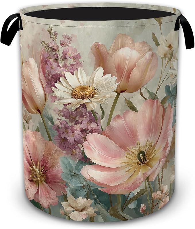 Pink Daisy Floral Large Laundry Hamper, Collapsible Oxford Clothes Basket with Handles, Freestanding Dirty Clothes Organizer for Bedroom Bathroom Dorm Laundry Room, 16 x 20.8 Inch