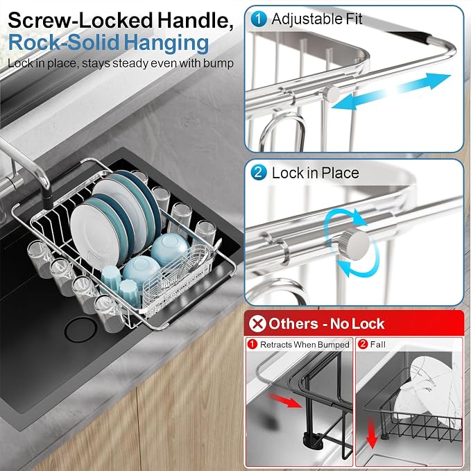 GSlife Dish Drying Rack Over the Sink - Expandable Stainless Steel Drainer | Twist-Lock Adjustable Handle, Cup Hooks, Utensil Holder, Compact Design for Apartments, RVs & Small Kitchens, Rust-Resistant